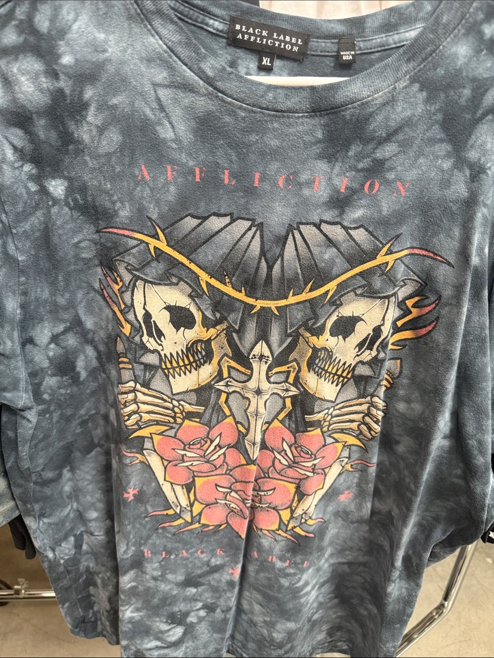 Affliction Black Gray Tie-Dye Skull & Rose Graphic Tee